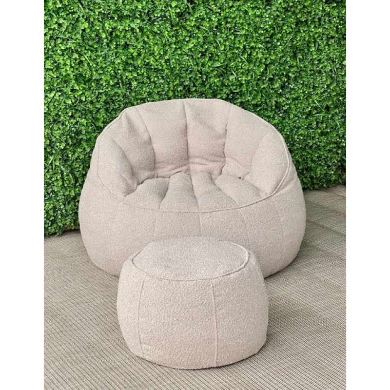 Boucle sofa and pouf (beige)